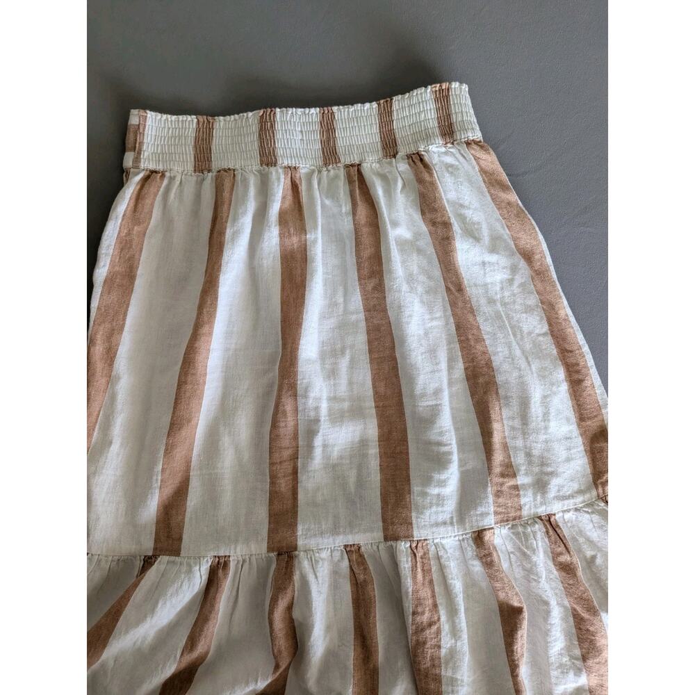 Madewell Linen Cotton Striped Midi Skirt Cream Beige Elastic Waist Tiered Medium - Picture 2 of 6